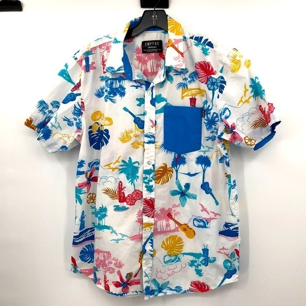 Empyre Short Sleeved Button Down Hawaiian Size M Hula Girl Bold Bright Floral